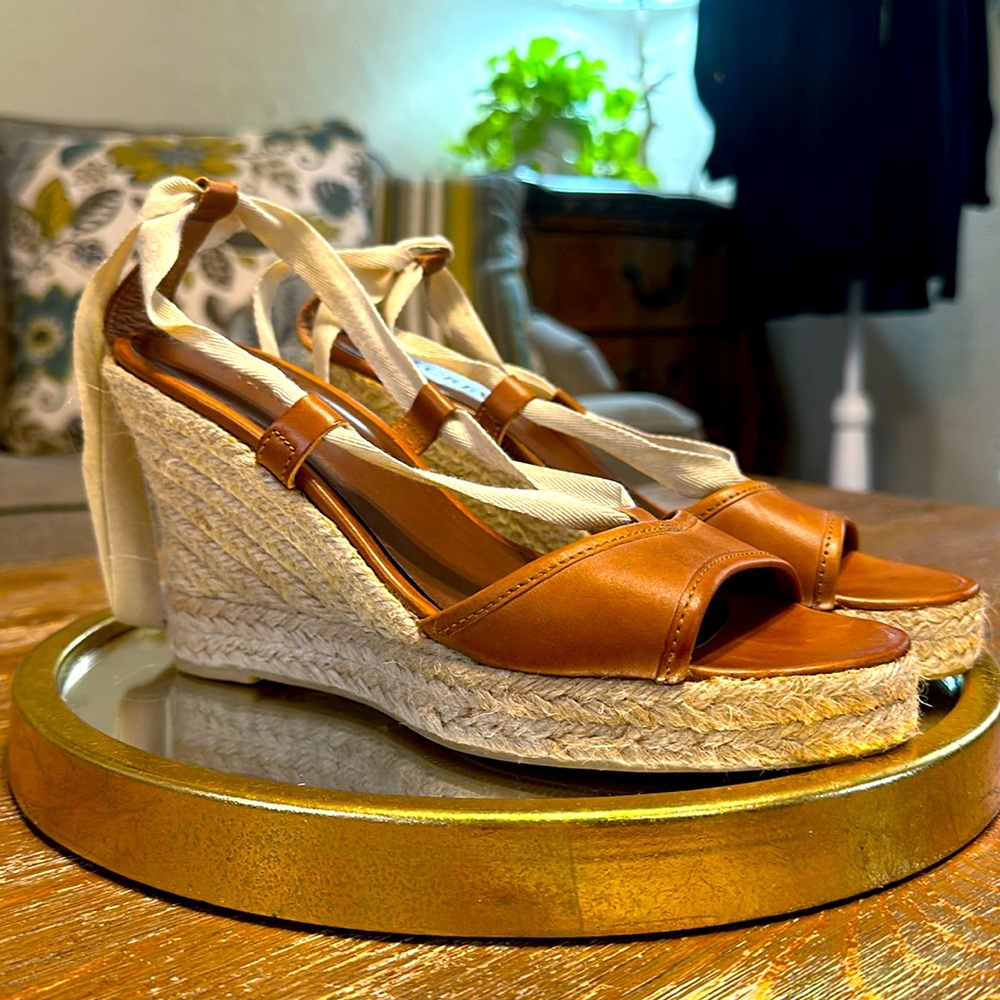 J.Crew Tan Eva Espadrilles Lace up Leather Dark Light Wedges Size 8